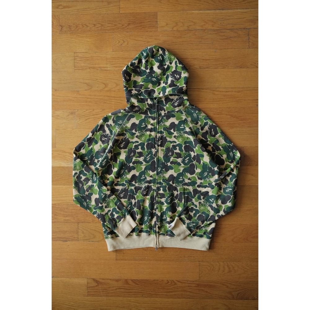 A Bathing Ape Full Zip Hoodie Mens Green Camo Waffle Knit Streetwear Size M Bape